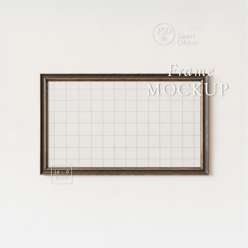 May include: Rectangular frame mockup with a dark brown distressed wood-look border. The frame has a white grid pattern inside. The words "Frame MOCKUP" are displayed in white text. The aspect ratio is 16:9.