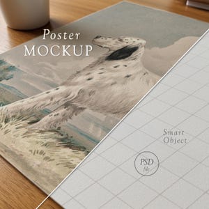 May include: A poster mockup featuring a vintage illustration of a dog with black spots, set against a landscape with text that reads "Poster MOCKUP". The poster is partially visible, with a grid pattern on the right side.