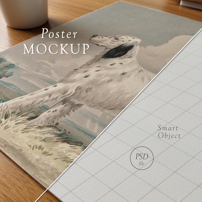 May include: A poster mockup featuring a vintage illustration of a dog with black spots, set against a landscape with text that reads "Poster MOCKUP". The poster is partially visible, with a grid pattern on the right side.