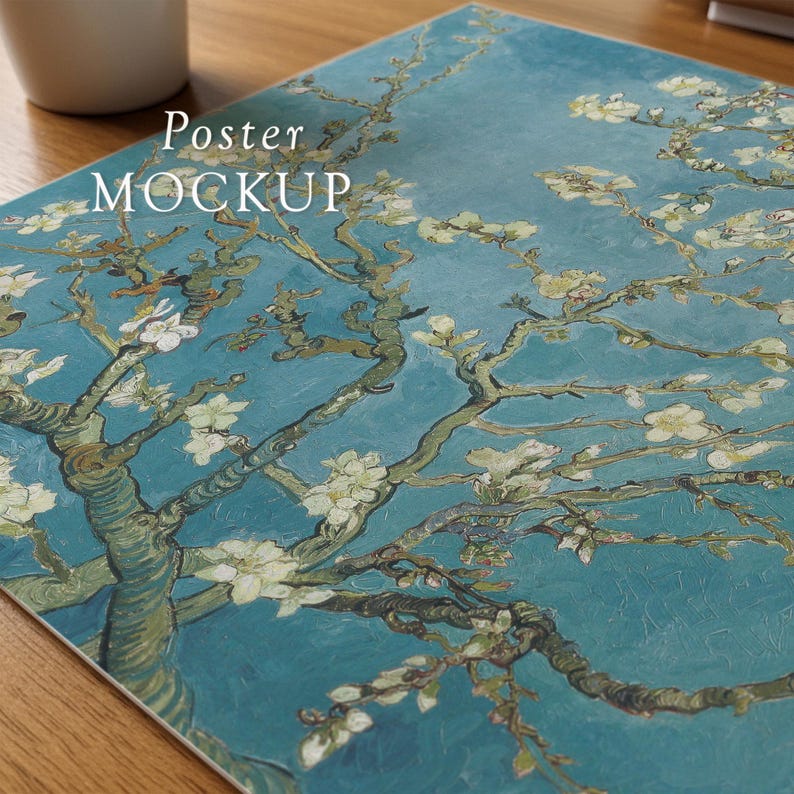 May include: A poster mockup featuring a painting of blossoming almond branches against a teal background. The artwork is a close-up of a tree branch with white flowers. The words "Poster MOCKUP" are printed in white.