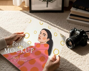 Poster Paper Mockup: Realistic Artwork Display, Sunlit Indoor Scene, 5x4 PSD Smart Object Photoshop Template, Photopea