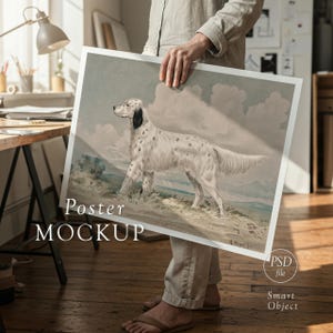 May include: A framed poster mockup featuring a vintage illustration of a white and black English Setter dog standing on a grassy hill. The poster has the words "Poster MOCKUP" in white text.