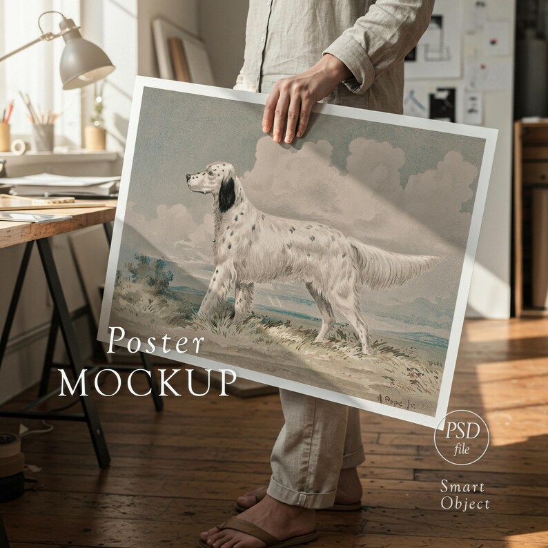 May include: A framed poster mockup featuring a vintage illustration of a white and black English Setter dog standing on a grassy hill. The poster has the words "Poster MOCKUP" in white text.