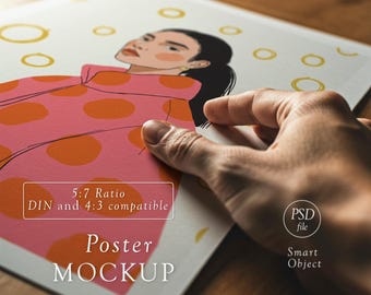 Realistic Close-Up Paper Mockup:  Poster on Table, Detailed View of a Vertical Poster Paper, Photoshop Smart Object, Photopea