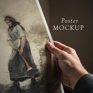 May include: A hand holds a poster mockup featuring a vintage illustration of a woman in a long skirt and a headscarf, holding a horn.