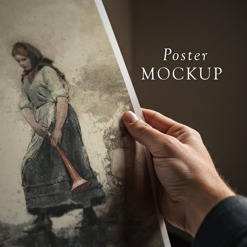 May include: A hand holds a poster mockup featuring a vintage illustration of a woman in a long skirt and a headscarf, holding a horn.