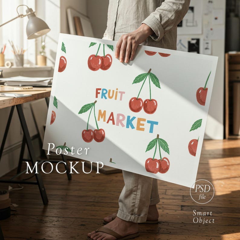 May include: A white poster with a cherry pattern and the words "FRUIT MARKET" in colorful letters. The poster is held by a person. The words "Poster MOCKUP" are at the bottom.