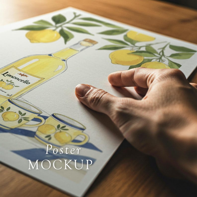 Pode incluir: Uma maquete de cartaz com uma ilustra&ccedil;&atilde;o em aquarela de uma garrafa de Limoncello, ramos de lim&atilde;o e duas ch&aacute;venas. O cartaz tem o texto "Poster MOCKUP" na parte inferior. A paleta de cores inclui amarelo, verde, azul e branco.