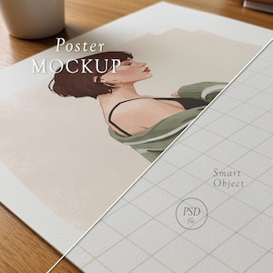 May include: A poster mockup featuring an illustration of a person with short brown hair, wearing a black top and a green sweater. The poster is on a wooden surface. The words "Poster MOCKUP" are printed on the poster.