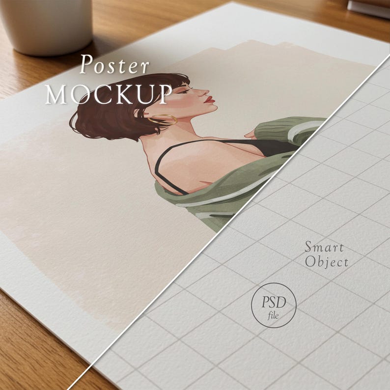 May include: A poster mockup featuring an illustration of a person with short brown hair, wearing a black top and a green sweater. The poster is on a wooden surface. The words "Poster MOCKUP" are printed on the poster.