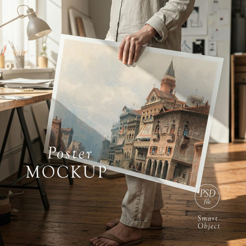 May include: A person holding a poster mockup featuring a watercolor painting of a European cityscape. The poster has a white border and the words "Poster MOCKUP" are printed on the bottom left corner. The image also includes the text "PSD file" and "Smart Object".