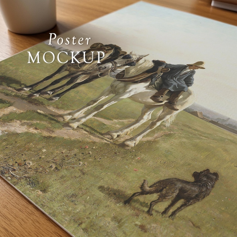 May include: A poster mockup featuring a vintage painting of horses and a rider. The artwork depicts a man on horseback, with two other horses in the background. A dog runs in the foreground. The words "Poster MOCKUP" are printed on the poster.