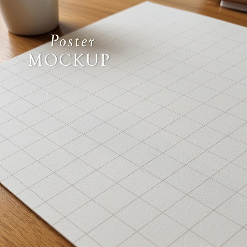 May include: A white poster mockup with a grid pattern, featuring the text "Poster MOCKUP". The paper is placed on a wooden surface, with a white ceramic cup in the background. The grid lines are light gray.