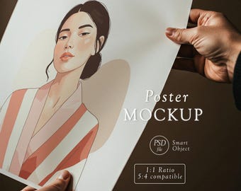 Realistic Poster Mockup: Hands Holding Paper, 1x1 PSD Smart Object (Digital Download)