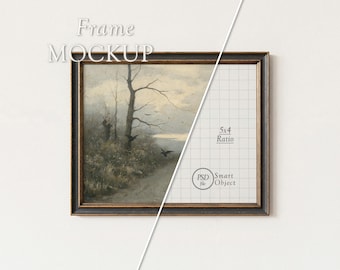 Vintage Frame Mockup: 5x4 Landscape Art Frame on Wall, PSD Smart Object, Photoshop Template