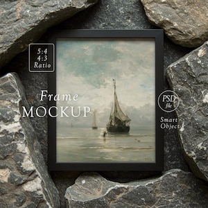 Maqueta de marco negro moderno sobre rocas (4x3 y 5x4 con paspartú opcional) - Maqueta de póster para exteriores - Vista superior sobre fondo de piedra natural