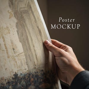 May include: A hand holds a poster mockup with a painting of a crowd of people in front of a building. The poster is white with a subtle texture. The text "Poster MOCKUP" is written in white on a brown background.
