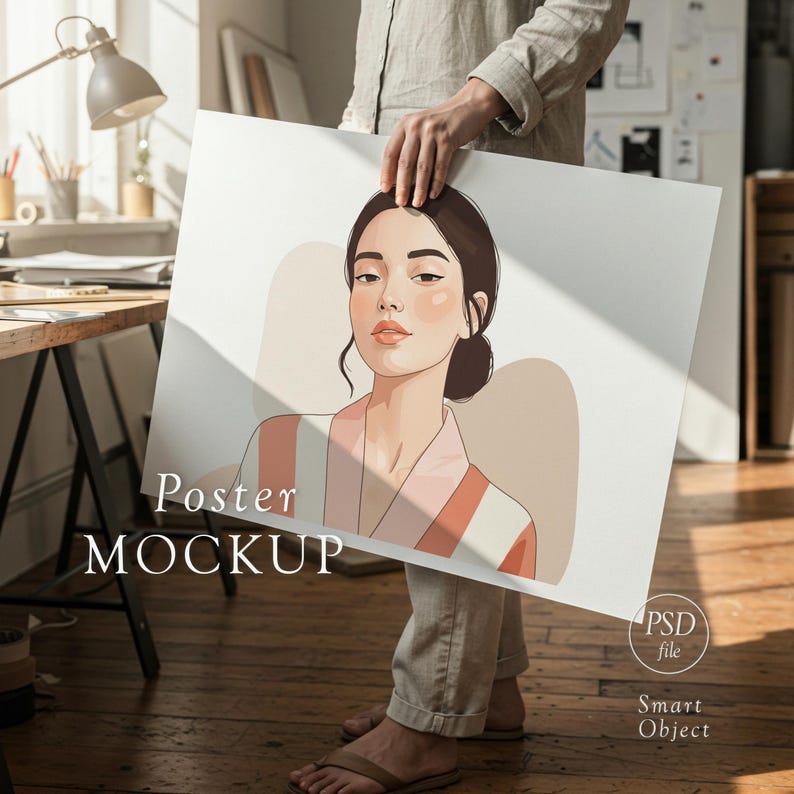May include: A person holding a poster mockup featuring an illustration of a woman with dark hair and a pink and white striped robe. The poster has the words "Poster MOCKUP" printed on it. The poster is a PSD file with a smart object.