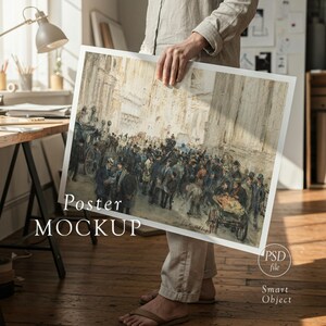 May include: A framed poster mockup featuring a vintage street scene with a crowd of people and horse-drawn carriages. The poster is held by a person. The words "Poster MOCKUP" are printed on the poster.
