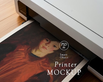 Paper Printer Mockup: A4 Paper Printing on Desk Printer, Poster PSD Smart Object, Photoshop Template, Photopea