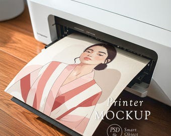 A4 Printer Mockup: Desk Printer Mockup Printing Page, Poster PSD Smart Object, Photoshop Template, Photopea