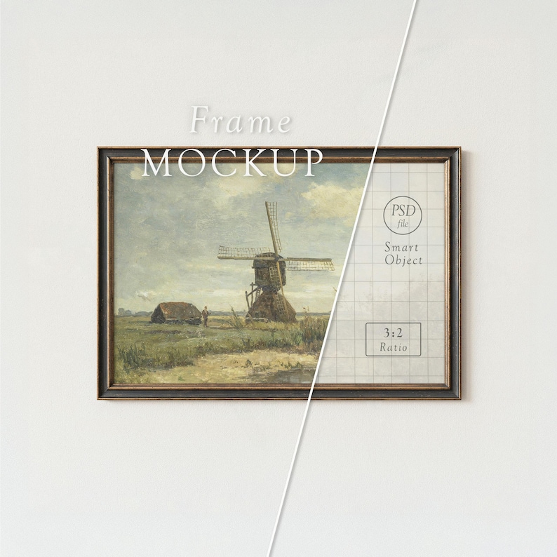 May include: A framed landscape painting featuring a windmill and a small building under a cloudy sky. The frame is dark brown. The words "Frame MOCKUP" are at the top of the image.