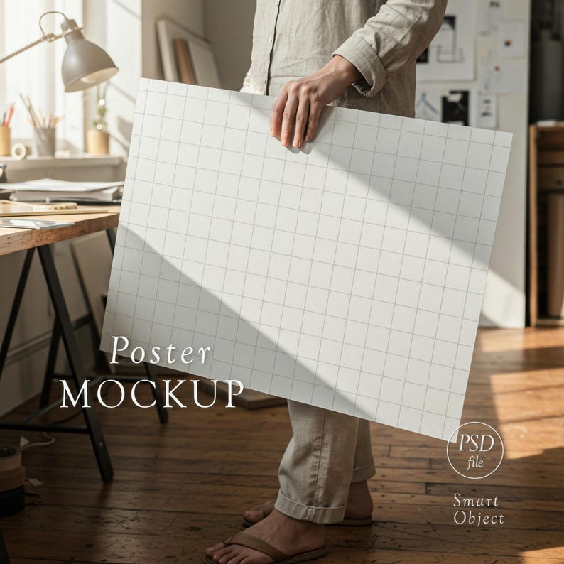May include: A person holding a large white poster mockup with a grid pattern. The words "Poster MOCKUP" are printed on the poster. The image also includes a "PSD file" and "Smart Object" label.