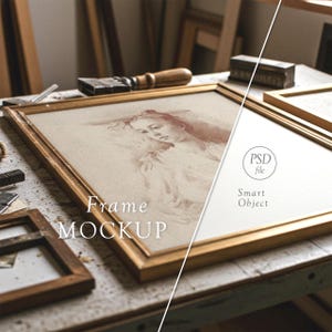Mockup met slanke houten lijst: perspectief van een houten lijst in werkplaats in natuurlijk licht - slim PSD-object, Photoshop-sjabloon