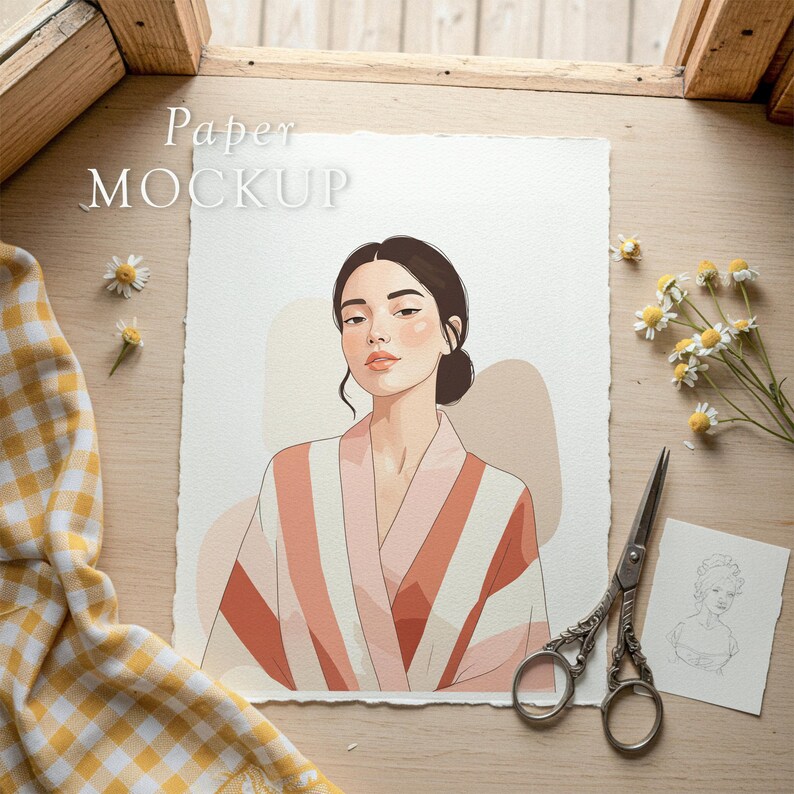 May include: A watercolor illustration of a woman wearing a striped robe, with the text "Paper MOCKUP" in the upper left corner. The image is on a textured paper, with scissors and flowers nearby. The color palette includes shades of peach, white, and brown.
