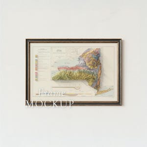 May include: Framed map of New York State with a 3D relief, showcasing the state's topography in shades of green, yellow, and brown. The map is set within a dark brown frame, with the text "Frame MOCKUP" at the bottom.