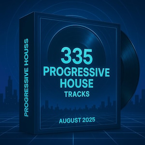 Può includere: Una scatola blu scuro con la scritta "PROGRESSIVE HOUSS" sul lato e "335 PROGRESSIVE HOUSE TRACKS AUGUST 2025" sul fronte. Un disco in vinile è parzialmente visibile. Lo sfondo presenta un paesaggio urbano.