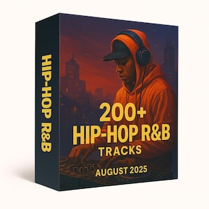 May include: A product box with a dark background and the text "HIP-HOP R&B" in yellow on the side. The front features a person wearing headphones and an orange hoodie, with the text "200+ HIP-HOP R&B TRACKS AUGUST 2025".
