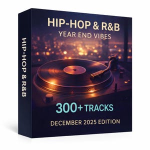 Op de afbeelding: Een donkerblauwe doos met een platenspeler en een vinylplaat. De tekst luidt "HIP-HOP & R&B YEAR END VIBES" en "300+ TRACKS DECEMBER 2025 EDITION". De zijkant van de doos toont "HIP-HOP & R&B".