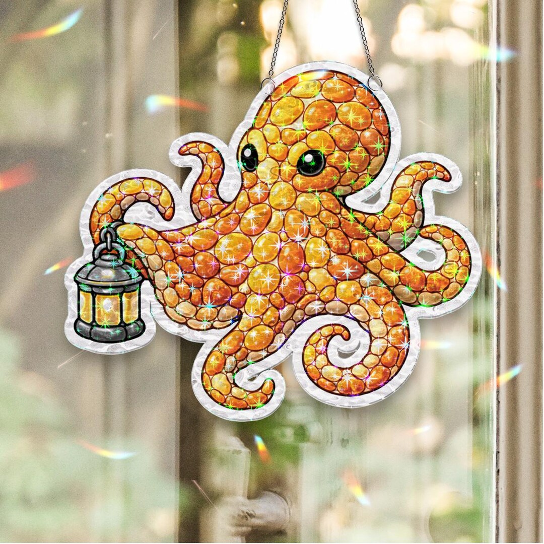 Amber Octopus Lantern Suncatcher, Coastal Sea Creature Window Hanging ...