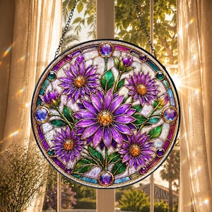 September Birth Flower, Aster Flower Suncatcher, Stained Glass Style Purple Aster Window Hanging Decor