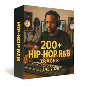 May include: A product box with the text "200+ HIP-HOP R&B TRACKS JUNE 2025" on the front. The box features a person wearing headphones and playing a keyboard. The side of the box reads "HIP-HOP R&B" in yellow text.