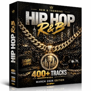 May include: A black and gold album cover with the text "HIP HOP R&B" and "400+ TRACKS". The cover features a gold chain with a pendant, a baseball cap, and a cityscape background. The text "LEGENDS NEVER DIE" is on the cap.