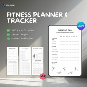 Op de afbeelding: Een fitnessplanner en tracker met de tekst "FITNESS PLANNER & TRACKER". De planner bevat 39 bewerkbare sjablonen, unieke ontwerpen en Canva-aanpassing. Een fitnesstracker wordt weergegeven met oefeningen.