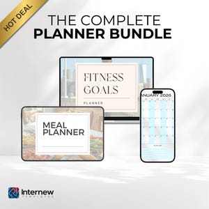 Op de afbeelding: De Complete Planner Bundle, met een desktopcomputer, tablet en smartphone. De computer toont een "Fitness Goals Planner", de tablet toont een "Meal Planner" en de telefoon heeft een kalender voor januari 2026. Een gouden "Hot Deal" banner.