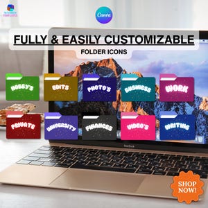 Op de afbeelding: Een laptop toont kleurrijke mapiconen met labels zoals "Hobby's", "Edits", "Photo's", "Business", "Work", "Private", "University", "Finances", "Video's" en "Writing". De tekst "FULLY & EASILY CUSTOMIZABLE" en "FOLDER ICONS" is ook zichtbaar. Een "Shop Now!" sticker is aanwezig.