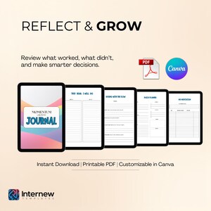 Op de afbeelding: Digitaal dagboek met de tekst "REFLECT & GROW" en "MOMENTUM GROWTH JOURNAL". Het dagboek bevat pagina's voor planning en reflectie. De afbeelding bevat ook de tekst "Direct downloaden | Printbare PDF | Aanpasbaar in Canva".