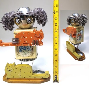 Two Cat Loving Fembot Steampunk Assemblage Robot Sculpture