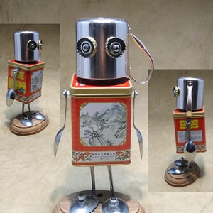 A Little Robot Named Jasmine The Tea Bot Steampunk Assemblage Robot Sculpture