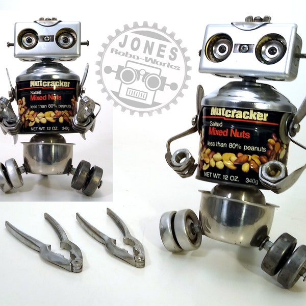 Nut Cracker Roll-X Steampunk Assemblage Robot Sculpture With 2 Nut Crackers