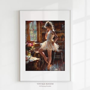 Ballerina in the Living Room – Vintage-Style Oil Painting Printable, Soft Retro Ballet Art