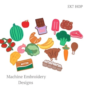 May include: A collection of machine embroidery designs featuring various food items. Includes a watermelon, apple, chocolate bar, popsicle, broccoli, steak, croissant, banana, cheese, butter, eggs, shrimp, carrot, chicken leg, and a bear-shaped cookie. The text "5X7 HOP" is visible.