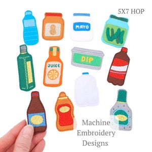 May include: A collection of colorful, embroidered food and condiment designs, including bottles, jars, and containers. The designs feature text such as "MAYO" and "DIP". The image also includes the text "Machine Embroidery Designs".