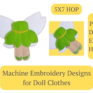 以下が含まれることがあります： 人形の服のためのミシン刺繍デザイン。デザインは、白い襟と羽根が付いた緑色のドレスです。デザインは、PES、DST、EXP、HUS形式で入手できます。5x7フープ。