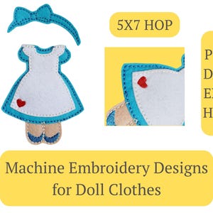 May include: Machine embroidery designs for doll clothes, featuring a blue and white dress with a red heart, a blue headband, and the text "5X7 HOP". The designs are available in PES, DST, EXP, and HUS formats.