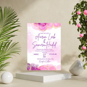Pink Watercolor Marble Wedding Invitation | Editable Wedding Invite | Printable Bridal Shower Card | Elegant Invitation Template